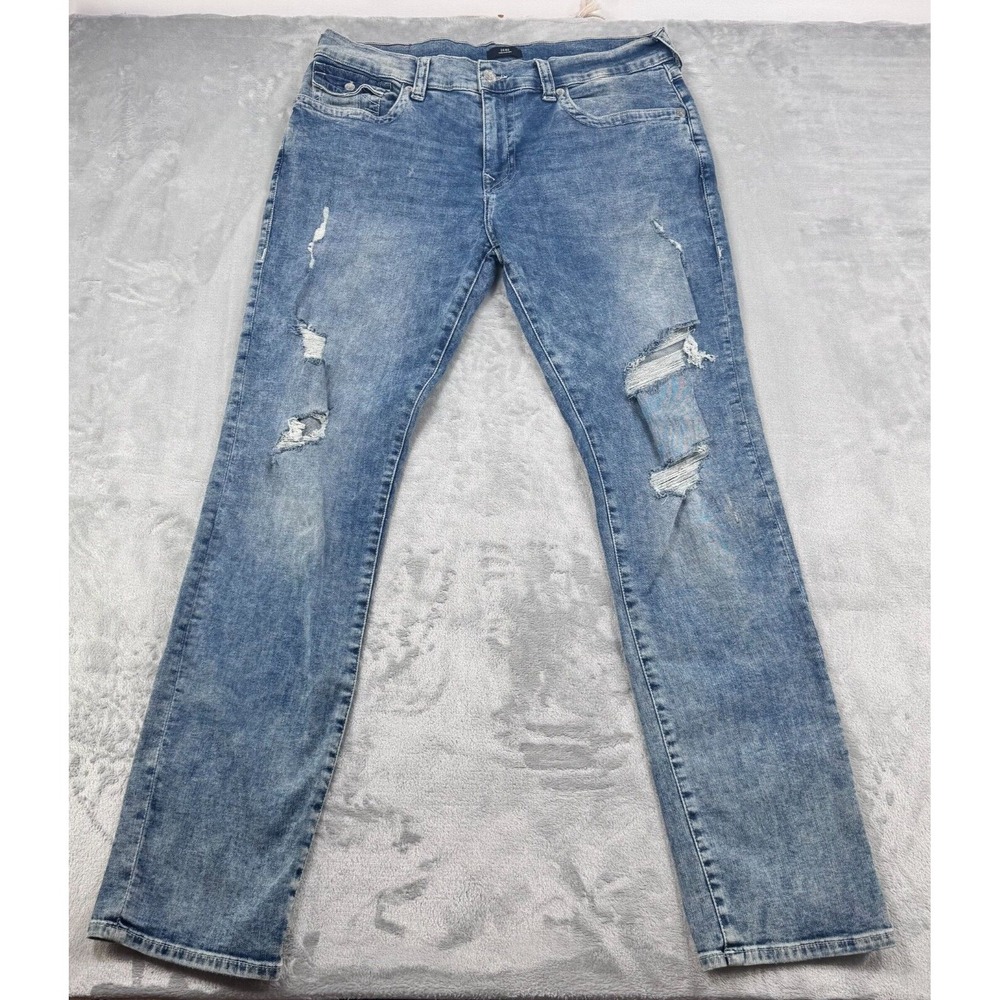 True Religion Geno Jeans Mens 38 Blue Relaxed Slim Distressed Stretch Denim